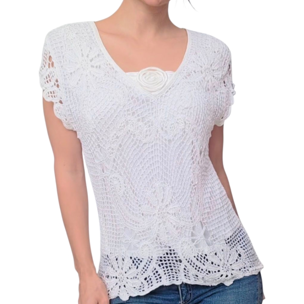Vintage 90 Y2K Kroshetta By Papillon White Crochet Top With Rose Size M L XL